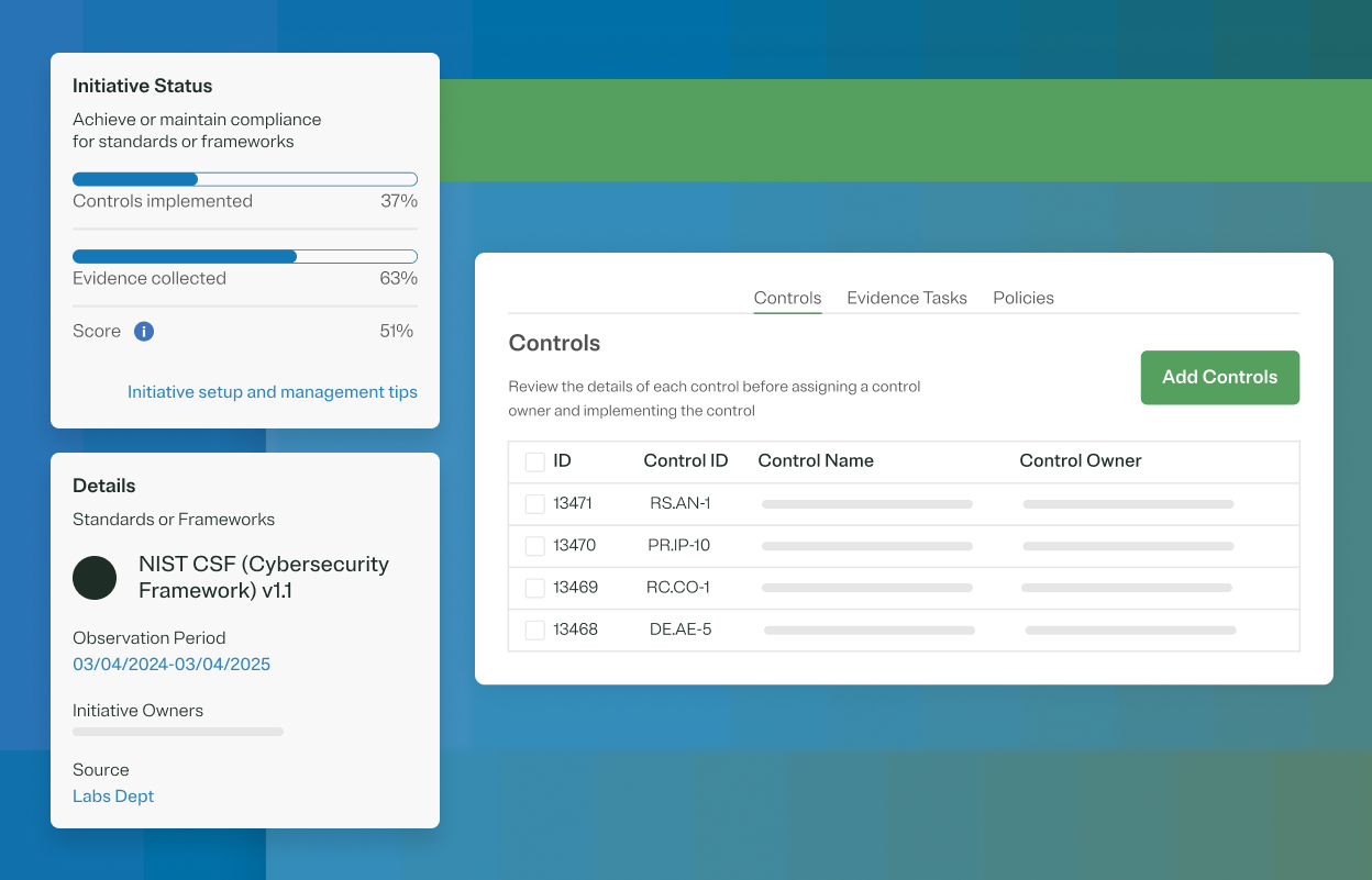 Graphic showing initiative status, details and controls in relation to tech risk and compliance within OneTrust