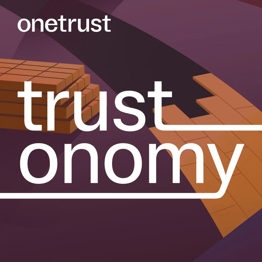 “OneTrust graphic with the word ‘trustonomy’ in large white text on a purple background, featuring abstract orange block structures resembling connected platforms or bridges, with the OneTrust logo in the top left