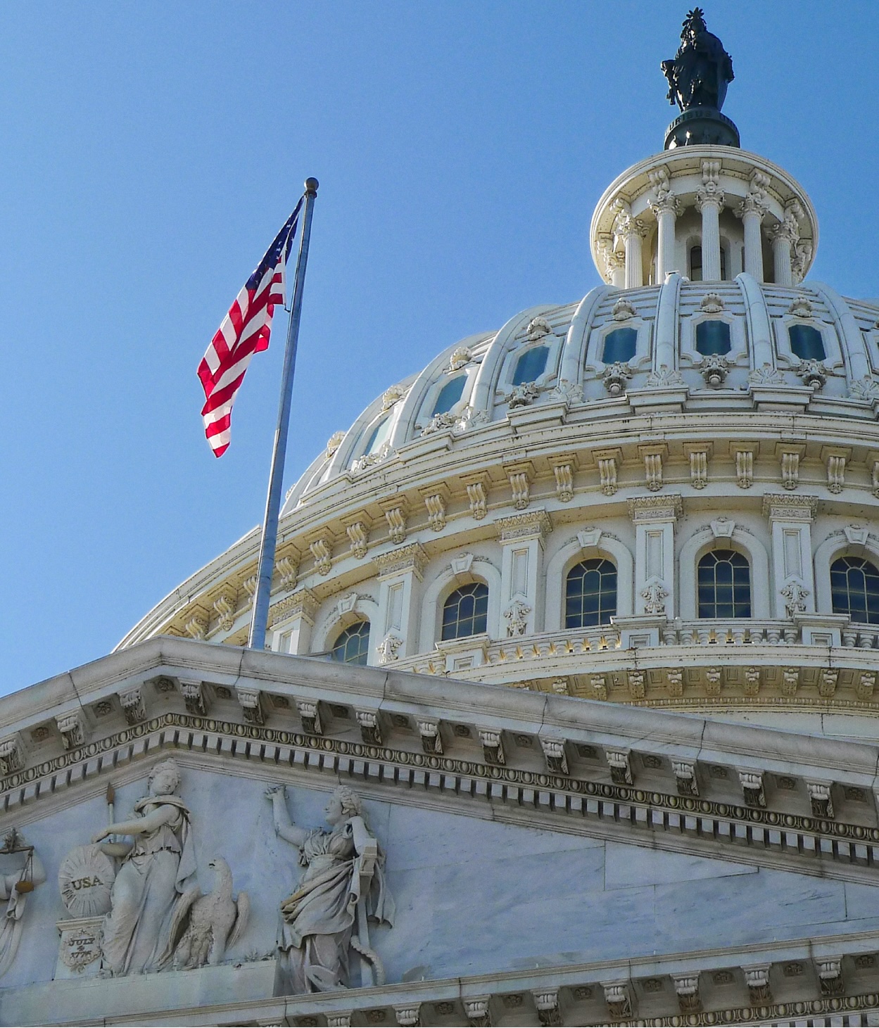The US flag in front of the Capitol rotunda