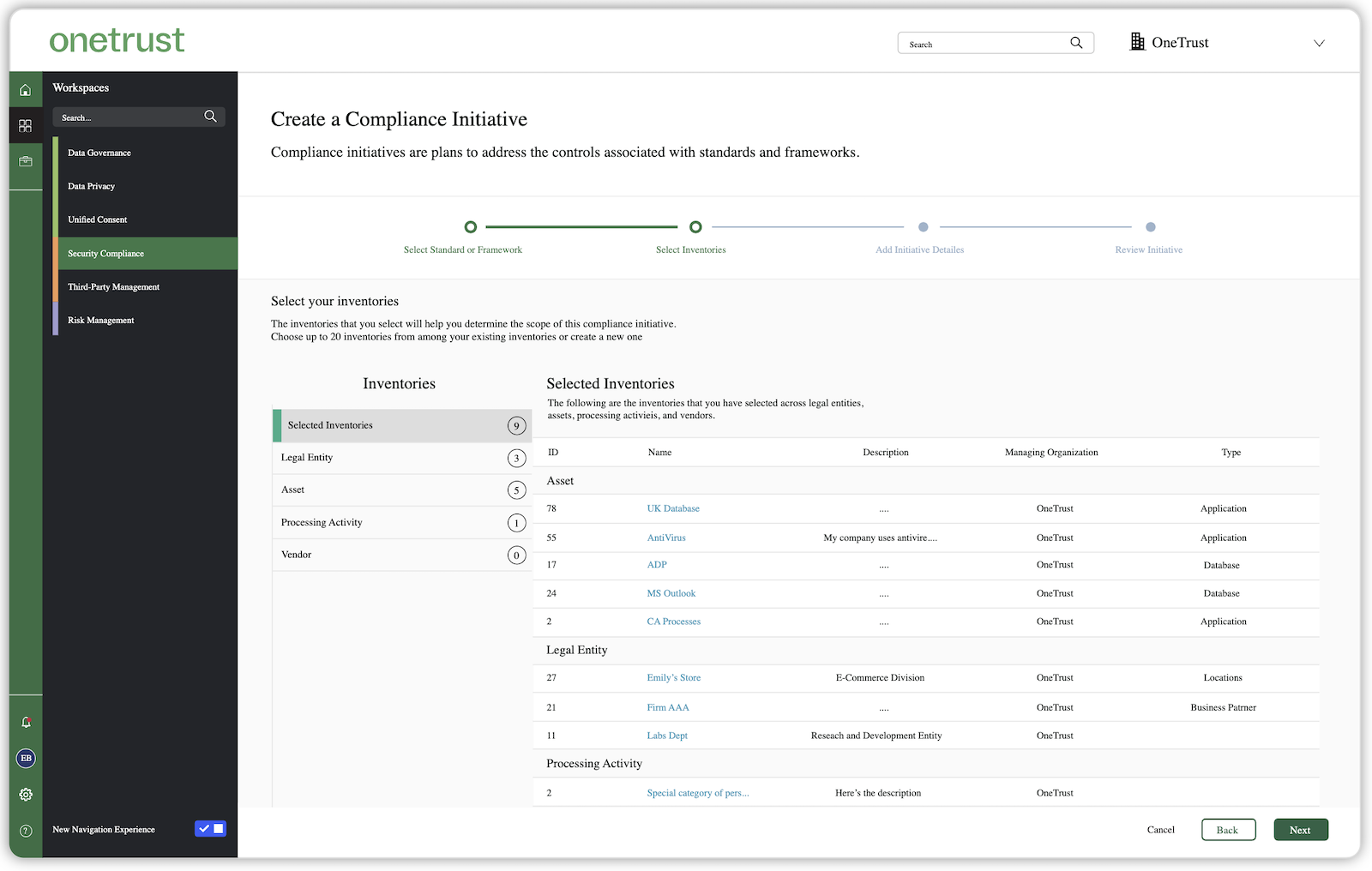 ot-q1-winter-product-screen-shared-controls Screenshow from the "Create a Compliance Initiative" screen from OneTrust's Winter 2025 release.