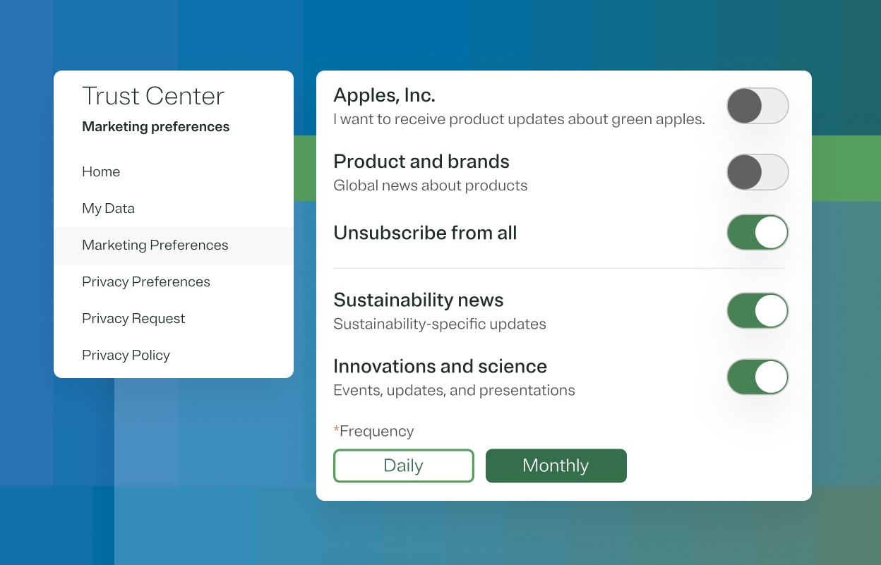 A digital interface displays the Trust Center's marketing preferences menu, featuring options such as Apples, Inc., Product and brands, Unsubscribe from all, Sustainability news, and Innovations and science. Toggle switches allow users to manage their subscription settings, with some options enabled and others disabled. The frequency selection at the bottom offers Daily and Monthly choices. The design uses a blue and green color palette with a clean, modern layout.