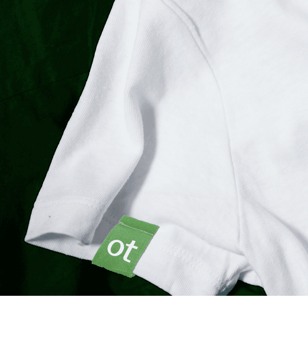 OneTrust monogram on a t-shirt's woven sleeve tag